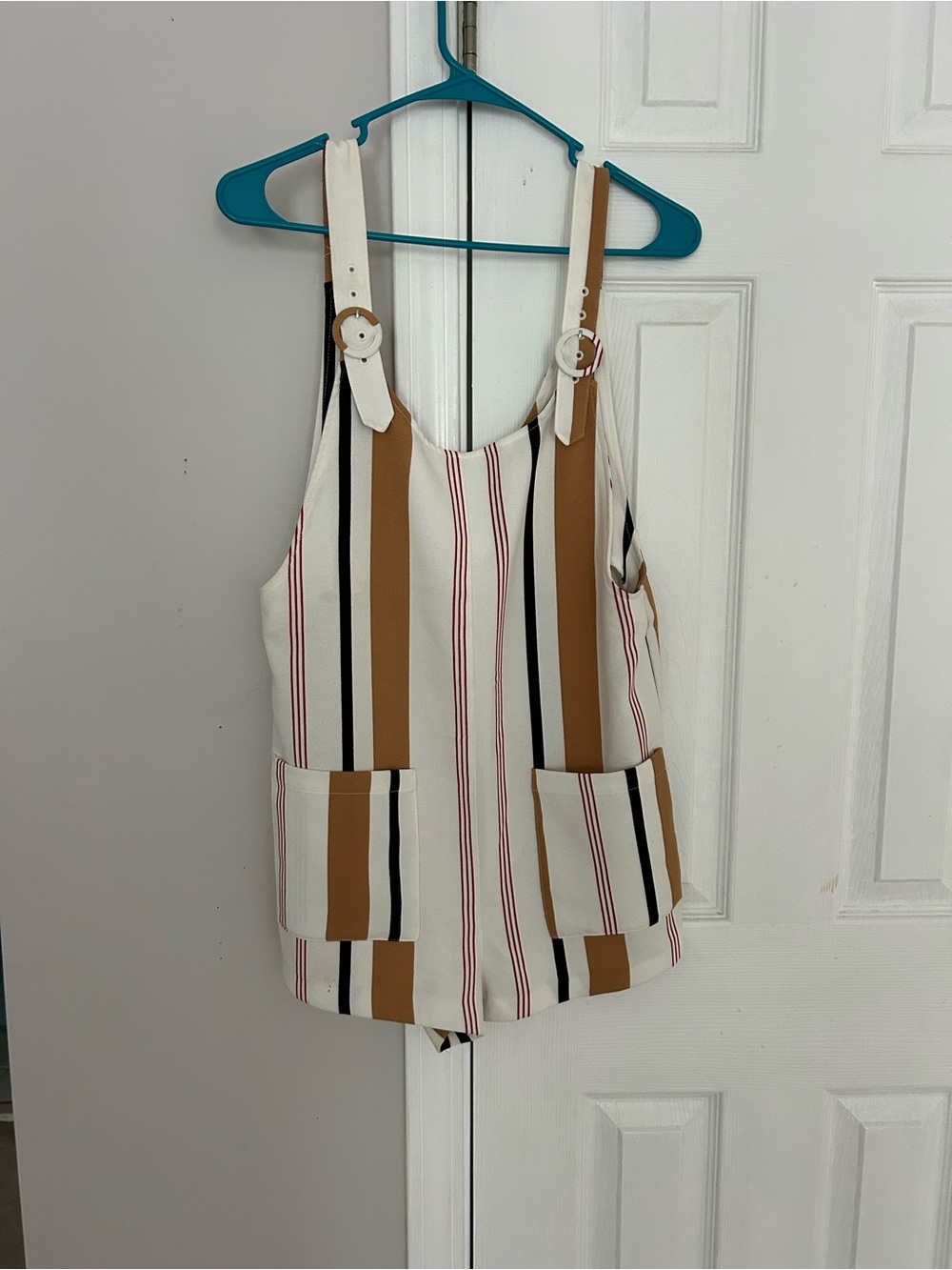 Striped Cream and Tan Sleeveless Pocket romper